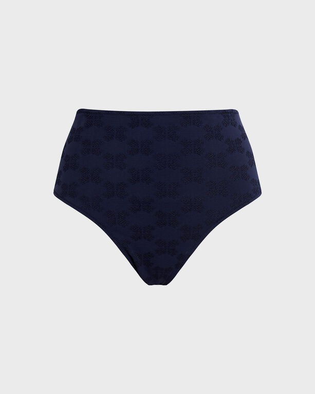 High-waisted bikini bottom in frosty blue with a turtle monogram jacquard pattern, featuring a smooth fabric and flattering silhouette, size M.