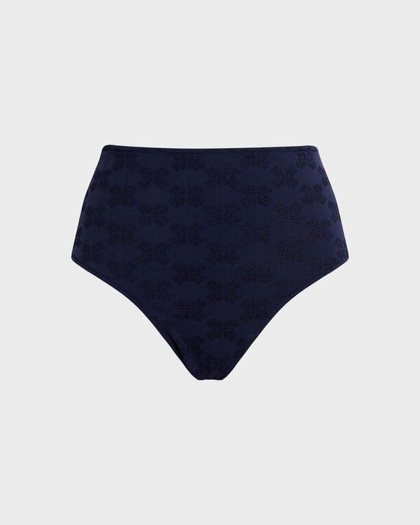 High-waisted bikini bottom in frosty blue with a turtle monogram jacquard pattern, made from soft swimwear material, size S.