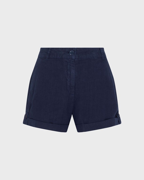 Navy blue linen Bermuda shorts with a button closure and rolled cuffs, featuring a sleek, solid design, available in size M by Vilebrequin.