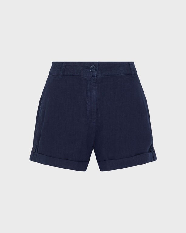 Solid blue linen Bermuda shorts with a button closure and rolled cuffs, featuring a tailored fit and designed for women, available in size XS by Vilebrequin.