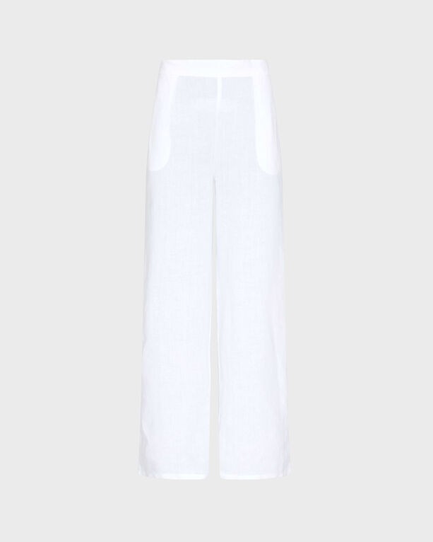 White linen comfort pants by Vilebrequin, featuring a relaxed fit, wide legs, and two front pockets, available in size XS.