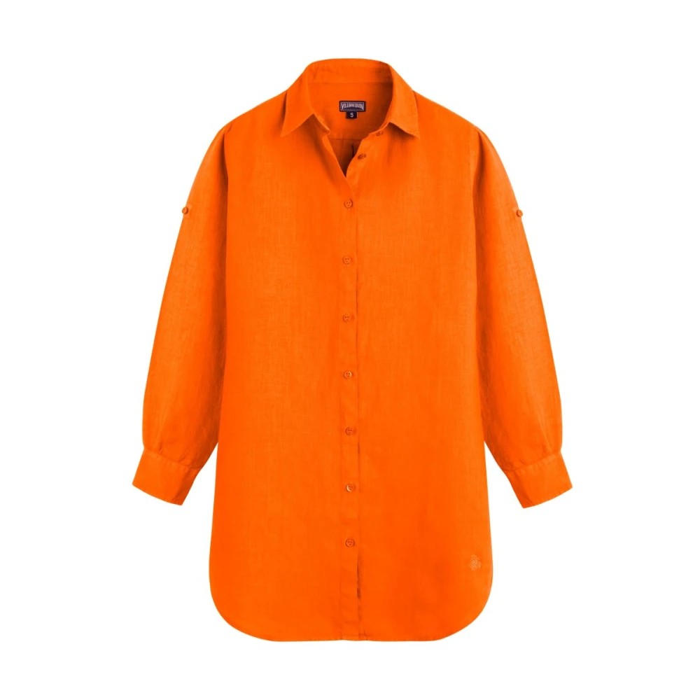 Bright orange linen dress by Vilebrequin, featuring a button-down front, long sleeves with buttoned cuffs, and a relaxed fit, available in size XS.