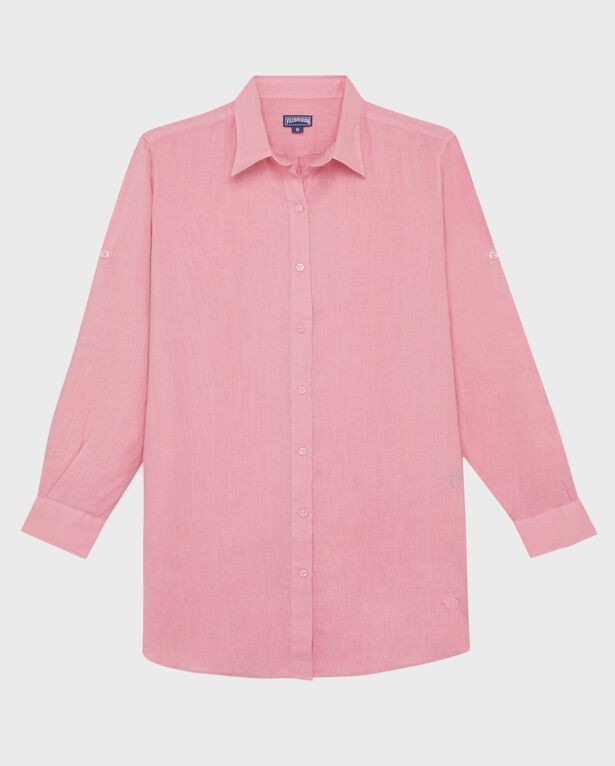 Light pink linen dress by Vilebrequin, featuring a collared neckline, long sleeves, button front, and a relaxed fit, available in size M.