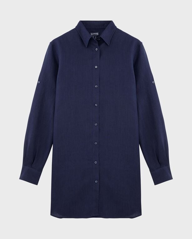 Solid blue linen shirt dress by Vilebrequin, featuring a classic collar, long sleeves with buttoned cuffs, and a button-down front, available in size XL.