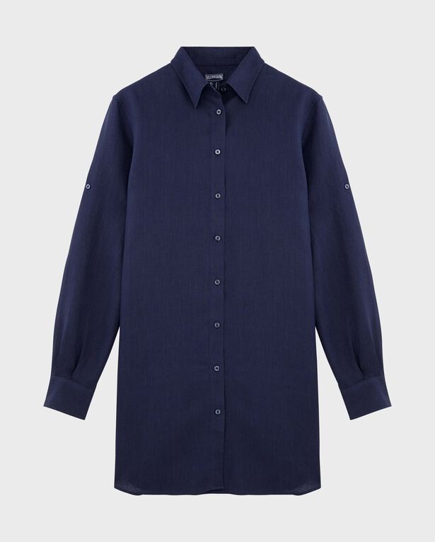 Solid blue linen shirt dress by Vilebrequin, featuring a classic collar, long sleeves, and button-down front, designed for women in size XS.