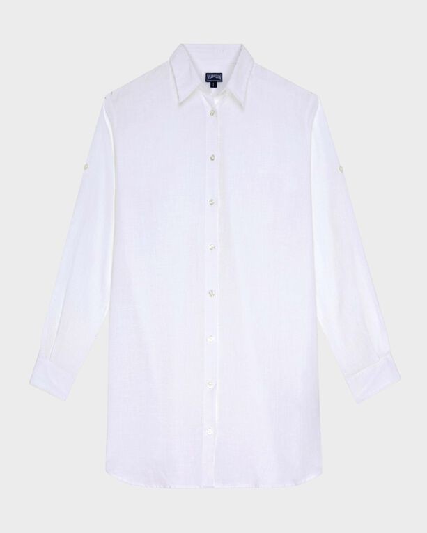 White linen shirt dress by Vilebrequin, featuring a classic collar, long sleeves with buttoned cuffs, and a button-down front, available in size L.