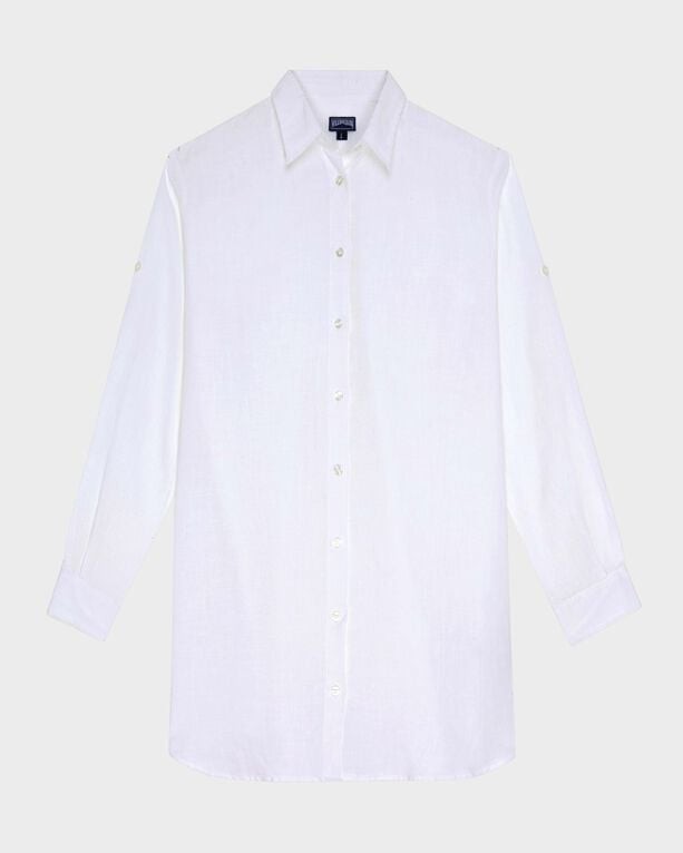 White linen shirt dress by Vilebrequin, featuring a classic collar, long sleeves with buttoned cuffs, and a relaxed fit, available in size M.