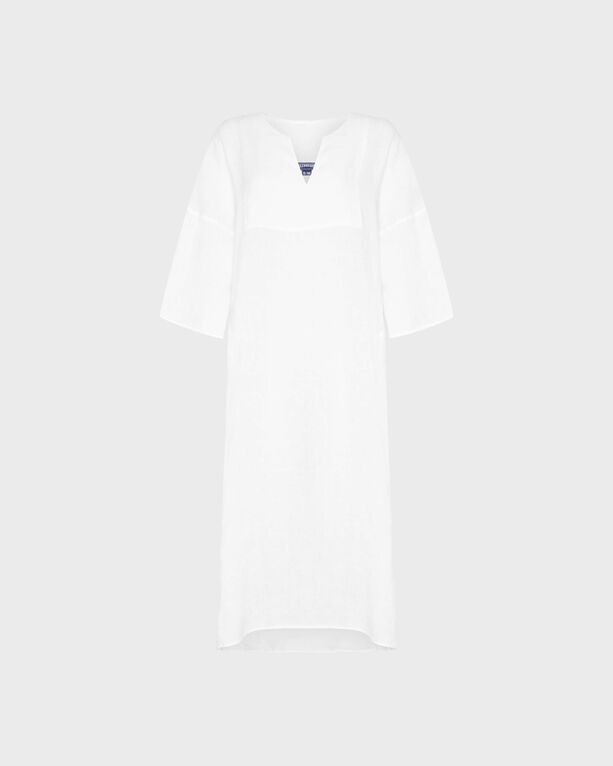 White linen kaftan with a V-neckline and three-quarter sleeves, featuring a relaxed fit and reaching mid-calf, designed for women in size L/XL by Vilebrequin.