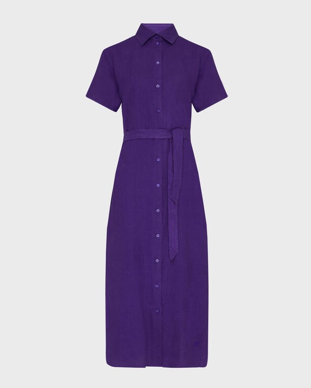 Purple linen shirt dress by Vilebrequin, featuring short sleeves, a button-down front, a belted waist, and a midi length, in size M.