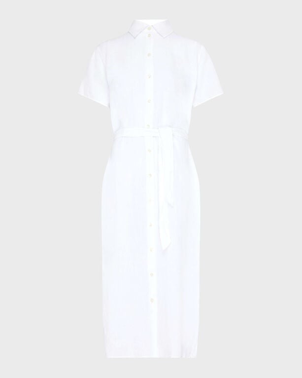 White linen shirt dress with short sleeves, button-down front, and a matching belt at the waist, designed by Vilebrequin in size L.