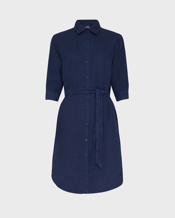 Solid blue linen shirt dress by Vilebrequin, featuring a button-down front, collar, three-quarter sleeves, and a matching belt at the waist, size M.
