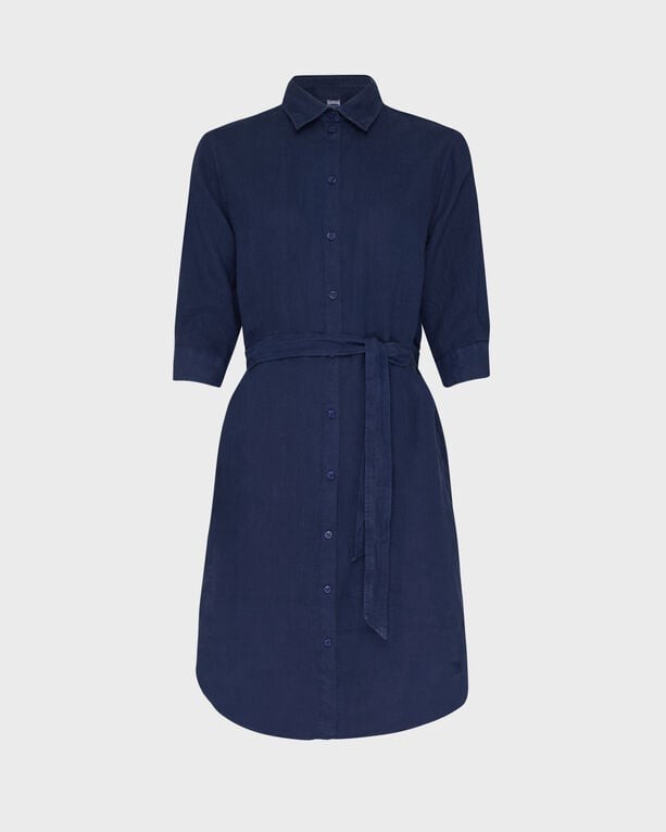 Blue linen shirt dress with a button-down front, three-quarter sleeves, and a matching belt at the waist, designed for women in size XS.