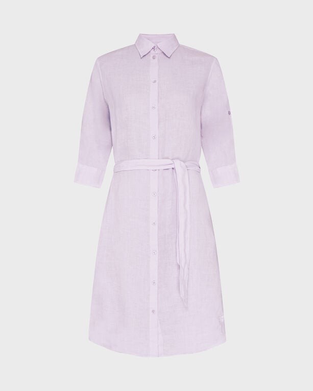 Solid purple linen shirt dress by Vilebrequin, featuring a button-down front, long sleeves with roll-up tabs, and a matching belt at the waist, size S.