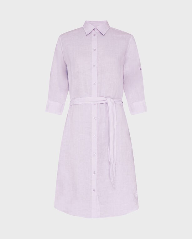 Purple linen shirt dress by Vilebrequin featuring a button-down front, long sleeves, and a matching belt at the waist, designed in a relaxed fit for women in size XS.