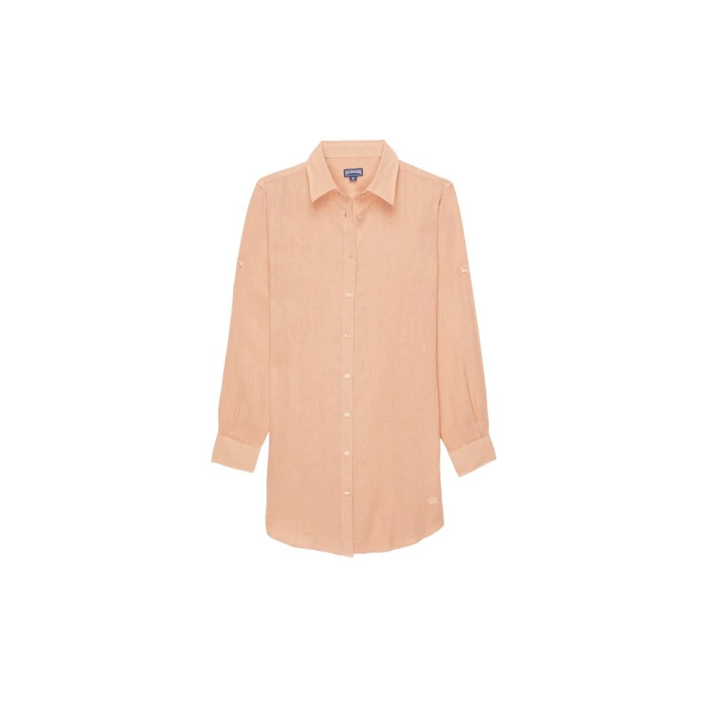 Light pink linen shirt dress by Vilebrequin, featuring a classic collar, long sleeves, button front, and a relaxed fit, available in size M.
