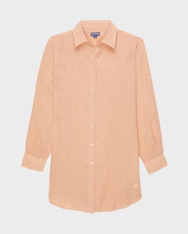 Pink linen shirt dress by Vilebrequin, featuring a classic collar, button-down front, long sleeves with roll-up tabs, and a relaxed fit in size L.