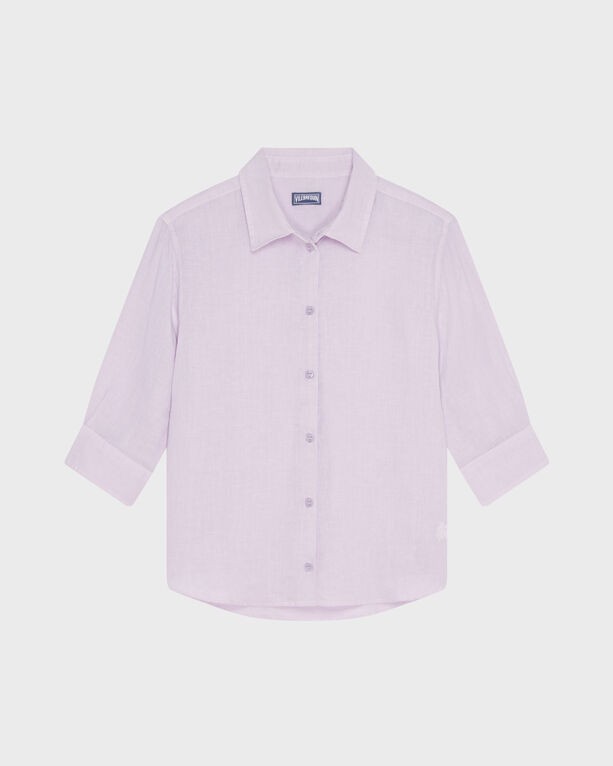 Light purple linen shirt by Vilebrequin, featuring a classic collar, button-down front, and rolled-up sleeves, available in size L.