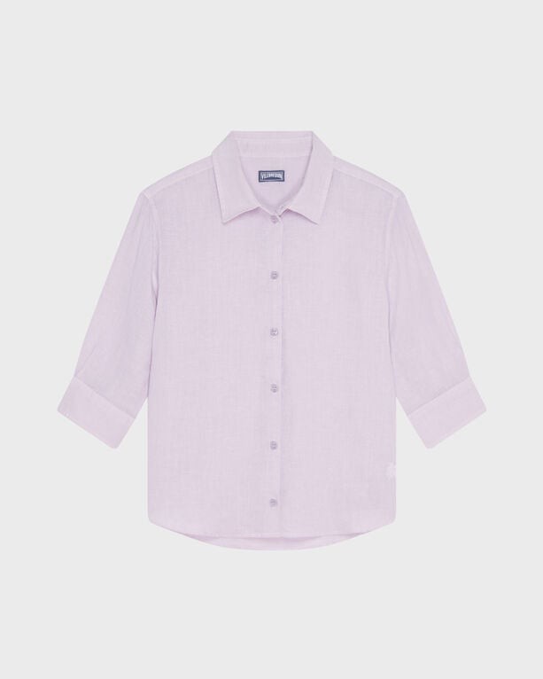 Light purple linen shirt by Vilebrequin, featuring a classic collar, button-down front, and rolled-up sleeves, available in size M.