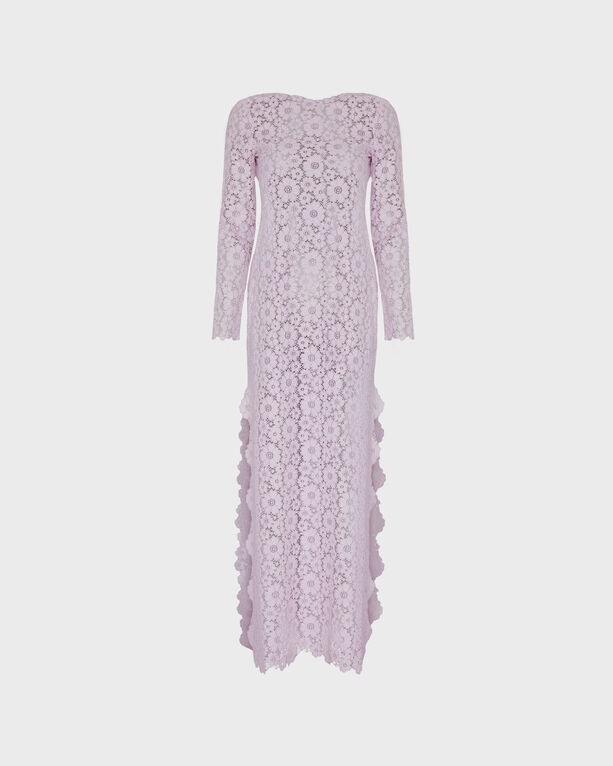 Long pink lace dress with floral patterns, featuring long sleeves and a scalloped hem, designed by Vilebrequin, in size M.