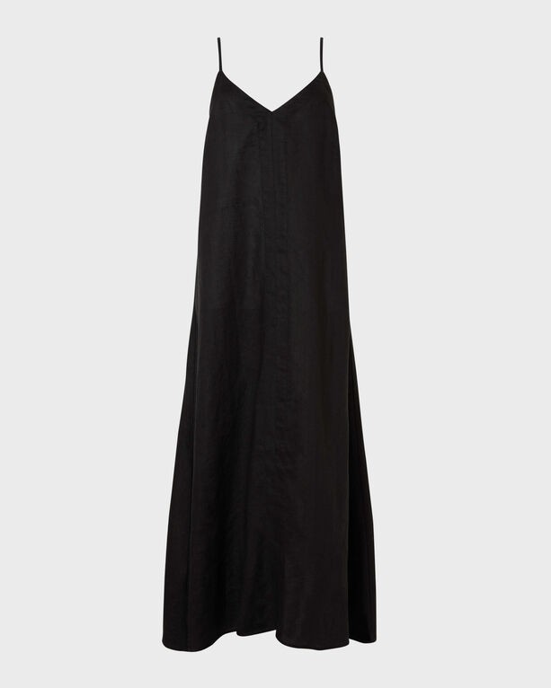 Long black linen dress by Vilebrequin, featuring thin straps and a V-neckline, designed in a flowy silhouette, available in size S.