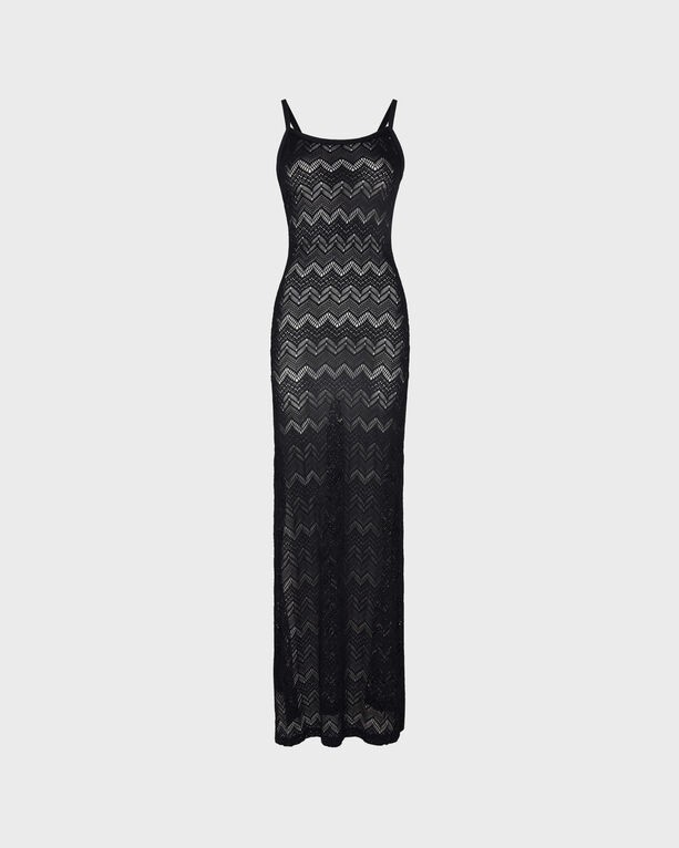 Long black mesh dress by Vilebrequin, featuring a zigzag pattern, thin straps, and a form-fitting silhouette, available in size L.