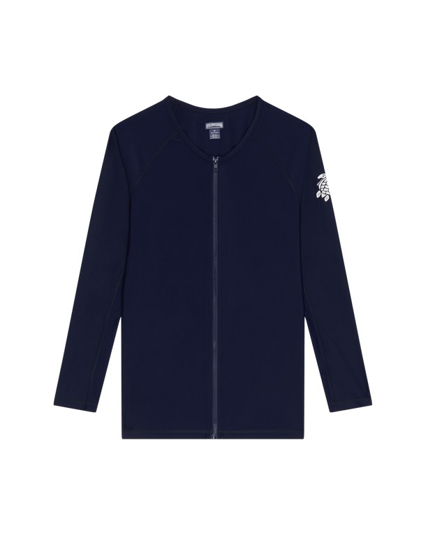Solid blue long sleeve rashguard by Vilebrequin, featuring a front zipper and a logo on the left sleeve, made from lightweight, quick-drying material, available in size S.