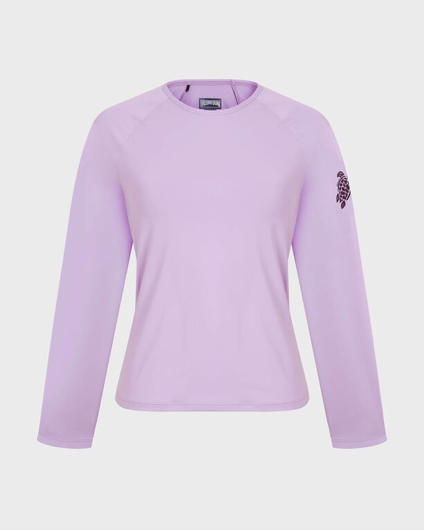 Purple long-sleeve rashguard top by Vilebrequin, featuring a solid design and a turtle logo on the sleeve, made from lightweight, quick-drying material, size M.