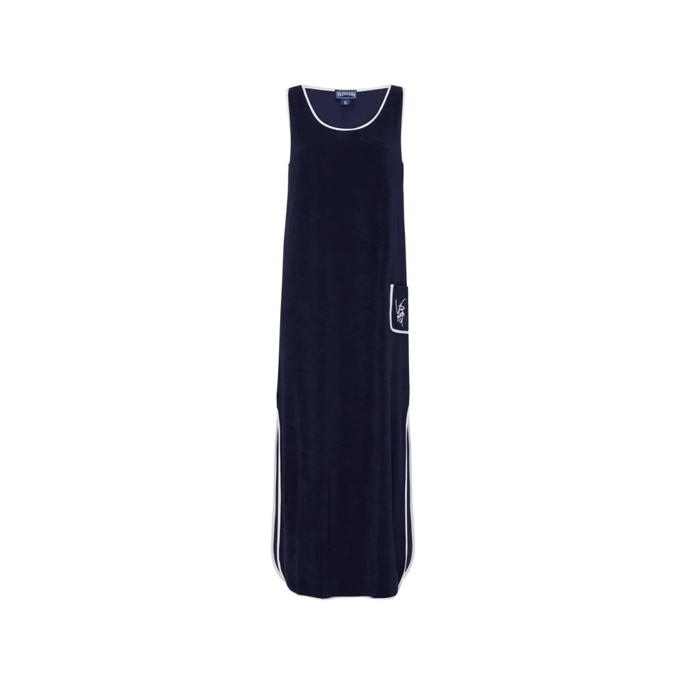 Long blue terry tank dress by Vilebrequin, featuring a relaxed fit, side pocket, and white trim along the neckline and sides, available in size S.