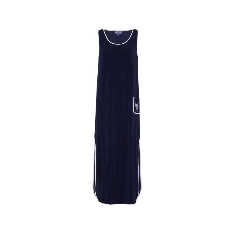 Long blue terry tank dress by Vilebrequin, featuring a relaxed fit, side pocket, and white piping along the neckline and sides, available in size XS.
