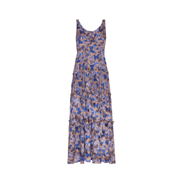 Pink long dress made of viscose and silk, featuring a tiered design and a butterfly print, with a scoop neckline, from Vilebrequin in size XS.