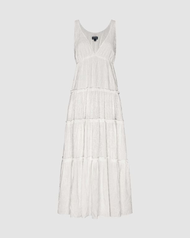 White long viscose dress by Vilebrequin featuring a tiered design, a deep V-neckline, and a relaxed fit, perfect for warm weather. Size L.