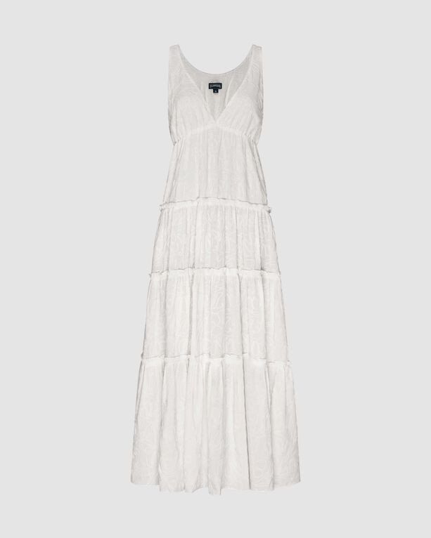 White long viscose dress with a tiered design, featuring a V-neckline and a relaxed fit, ideal for warm weather and casual outings. Size XS.