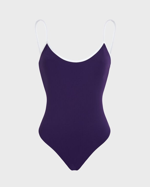 Solid purple low-back one-piece swimsuit with thin white straps, featuring a sleek design and made from a smooth, stretchy material, available in size S.