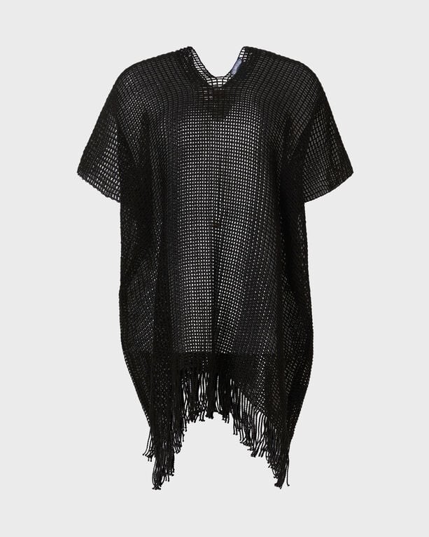 Black mesh cover-up with a V-neck and short sleeves, featuring fringed edges, designed for women in size XS/S by Vilebrequin.