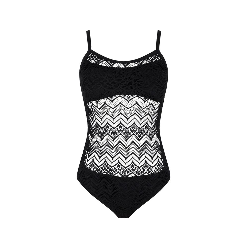 Black mesh one-piece swimsuit featuring a chevron pattern, adjustable straps, and a sleek silhouette, designed for women in size M by Vilebrequin.