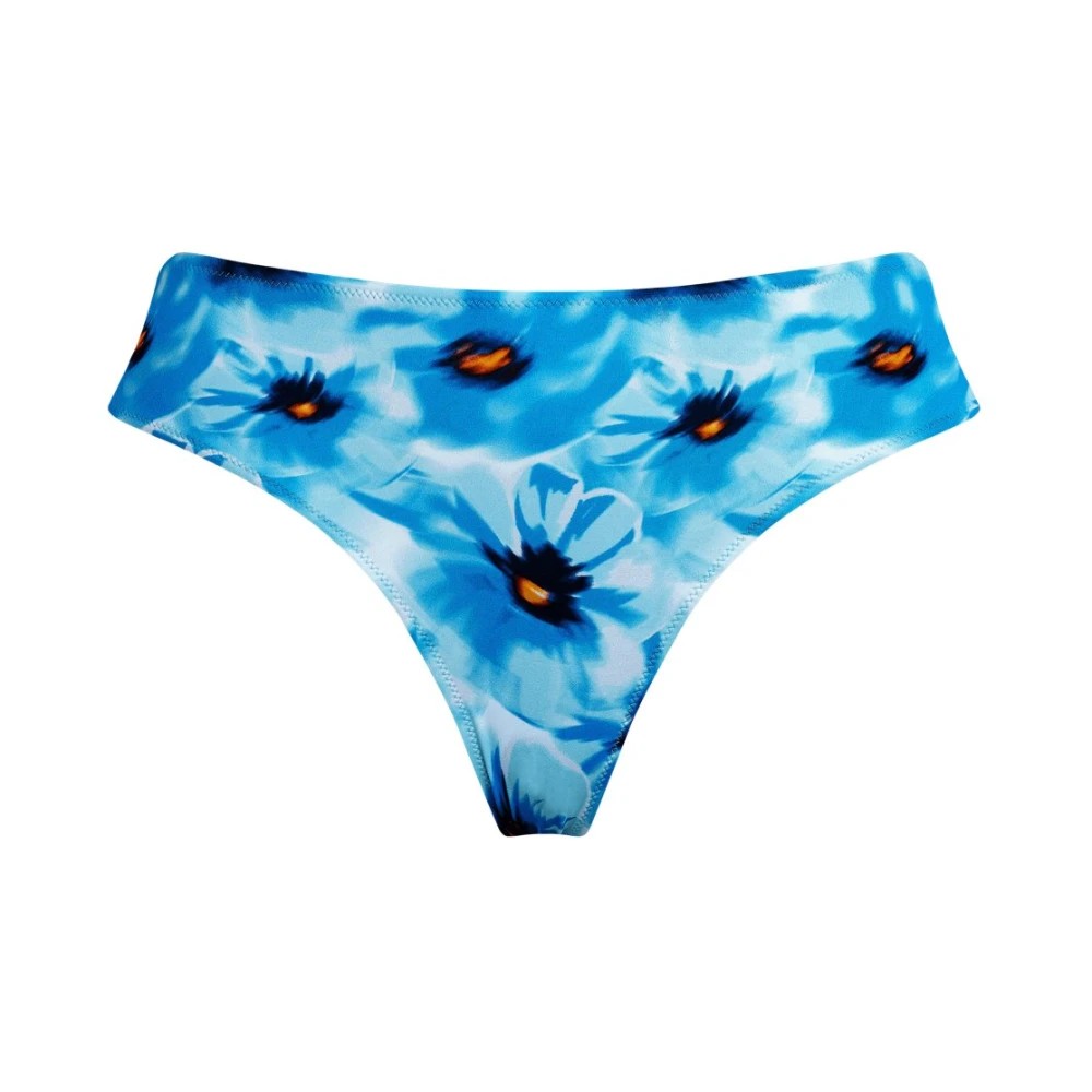 Mid-rise bikini bottom in a vibrant blue with a floral poppy pattern, featuring soft, stretchy material and a comfortable fit, size L.