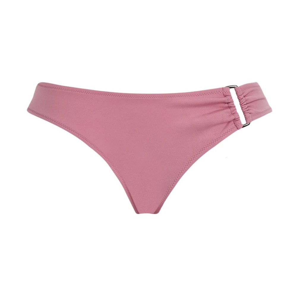 Mid-rise solid pink bikini bottom by Vilebrequin, featuring a sleek design with a gathered side detail and metal buckle, made from soft swimwear material, size S.