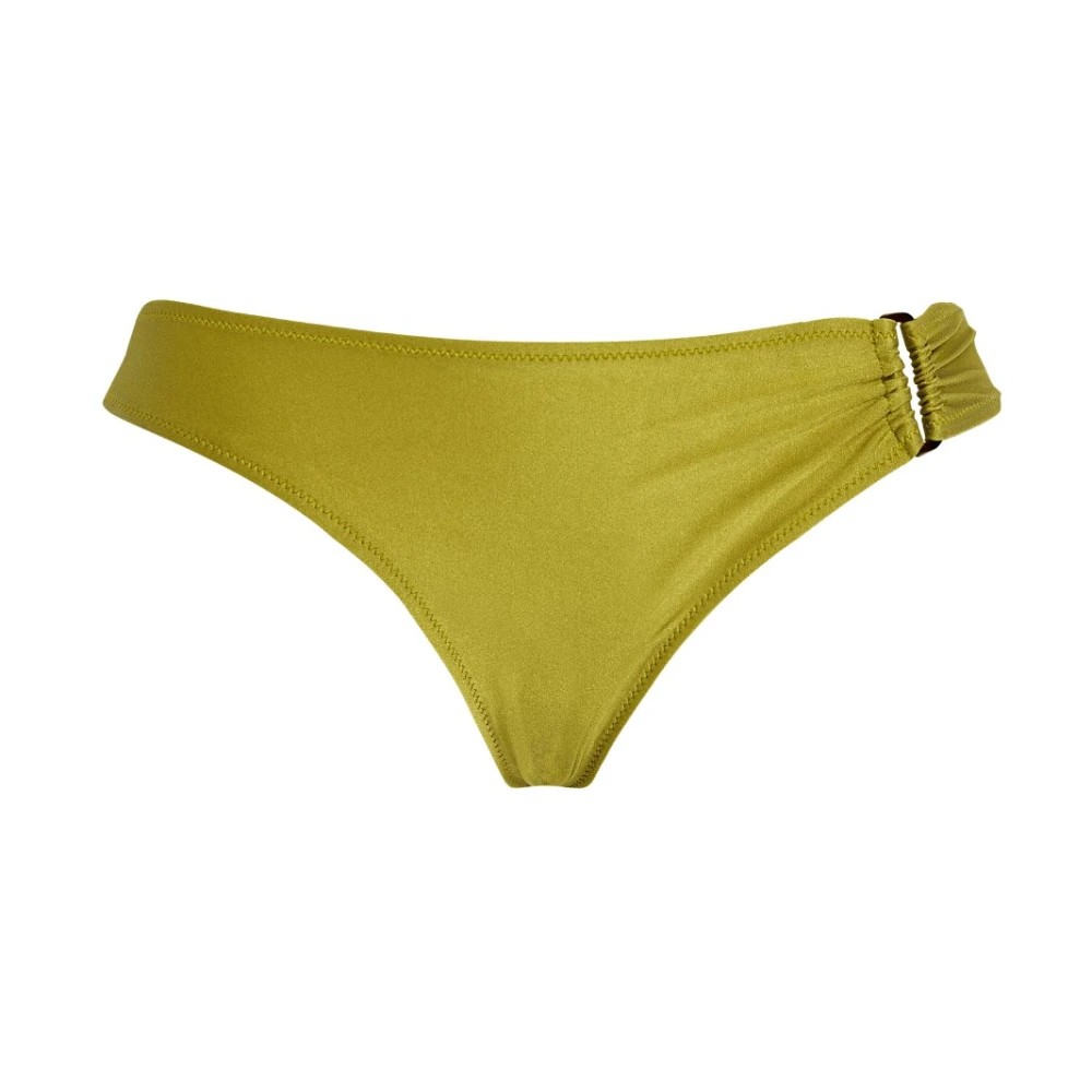 Mid-rise shiny green bikini bottom made of stretchy material, featuring a gathered side detail and a sleek design, available in size XS.