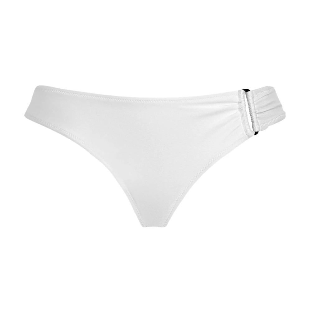 White mid-rise bikini bottom made of shiny stretch material, featuring a gathered side design with a sleek black buckle detail, available in size S.