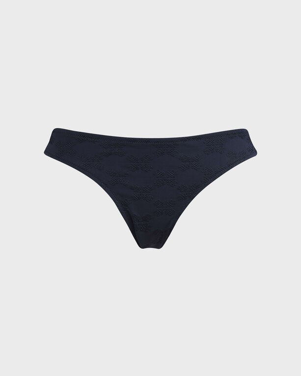 Blue MIDI brief bikini bottom featuring a turtle monogram jacquard pattern, made from soft swimwear material, in size M.