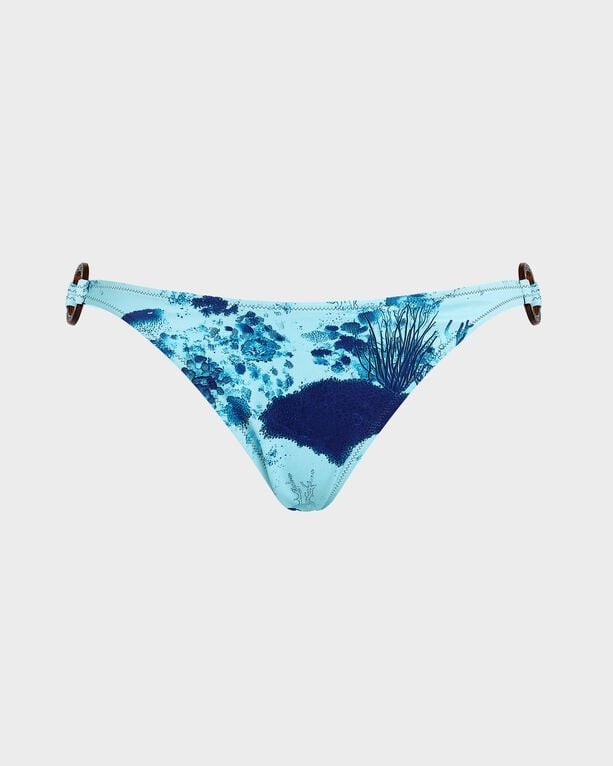 Blue mini brief bikini bottom featuring a coral reef print with dark blue marine life details, made from fine swimwear material, size XL.