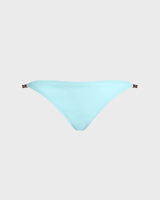 Solid blue mini brief bikini bottom with pearl detail accents, featuring a sleek design and adjustable sides, made from a soft swimwear material, in size XS.
