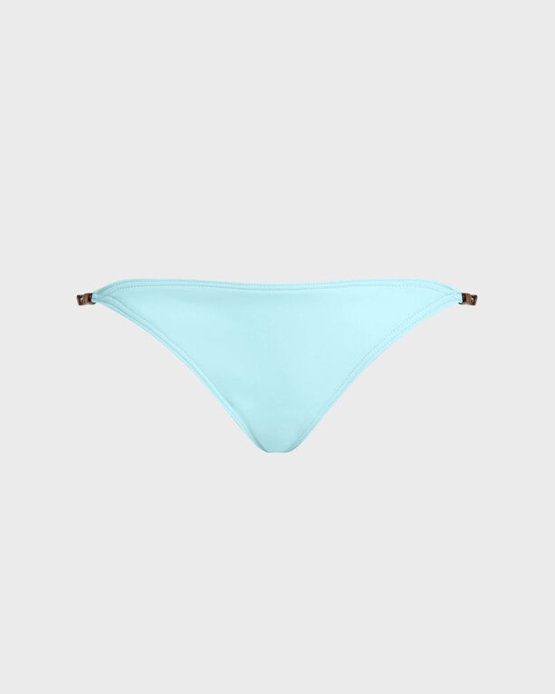 Solid blue mini brief bikini bottom with pearl detail, featuring a smooth material and adjustable side straps, designed for women in size L by Vilebrequin.