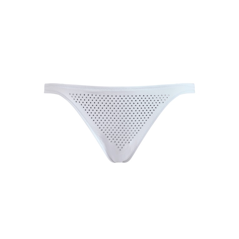 White mini brief bikini bottom by Vilebrequin, featuring a strass design with small cutouts, made from a smooth material, available in size XS.
