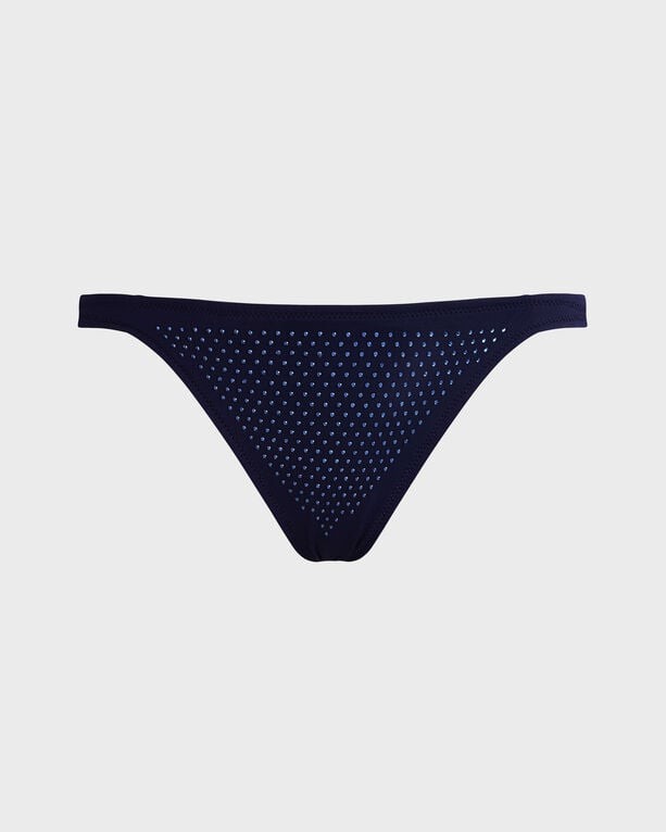 Blue mini brief bikini bottom with a strass design, featuring a smooth fabric and a low-rise cut, ideal for swimwear, size L.
