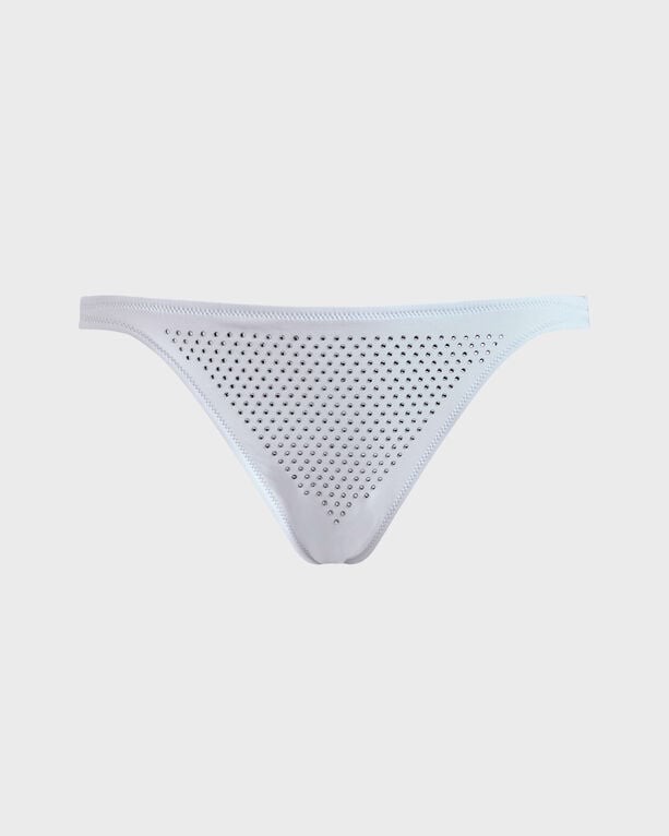 White mini brief bikini bottom featuring strass embellishments, made from a smooth material, designed for women, size S by Vilebrequin.