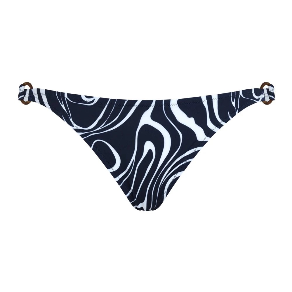 Blue mini brief bikini bottom featuring a wavy white pattern, crafted from fine swimwear material, with decorative brown rings on the sides, size S.