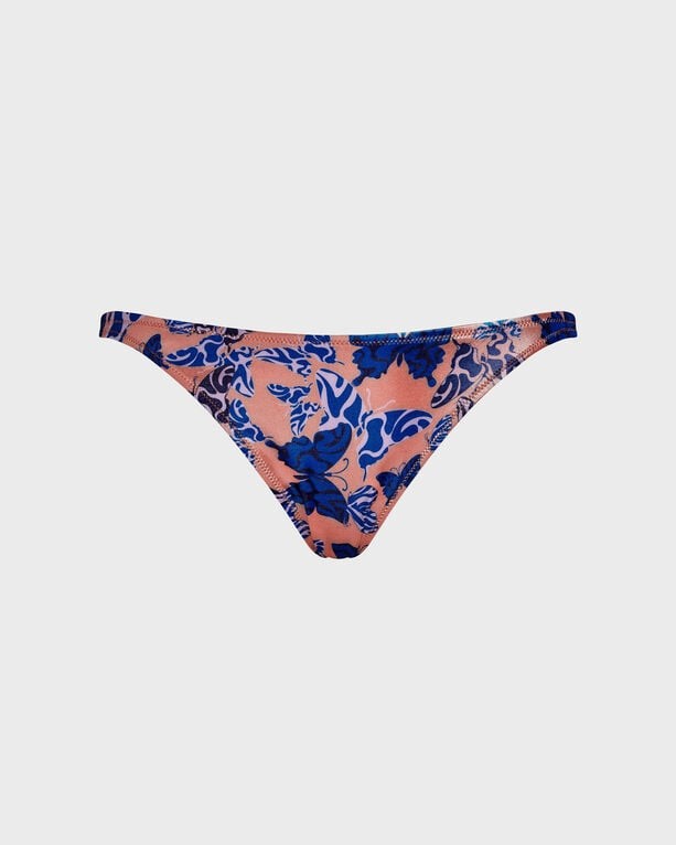 Pink mini brief bikini featuring a vibrant blue butterfly and floral pattern, made from soft swimwear material, designed by Vilebrequin in size L.
