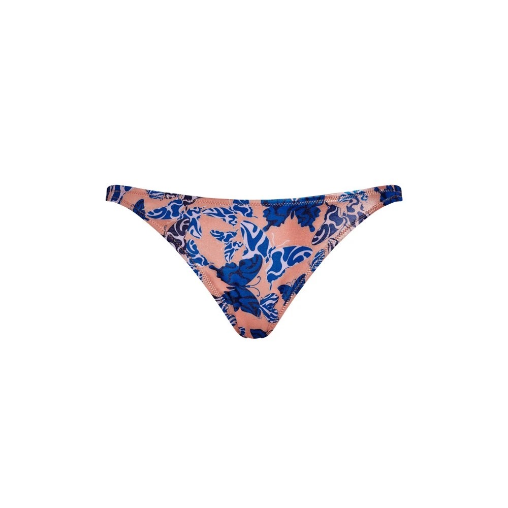 Pink mini brief bikini featuring a vibrant blue butterfly and floral print, made from soft swimwear material, designed by Vilebrequin in size XL.