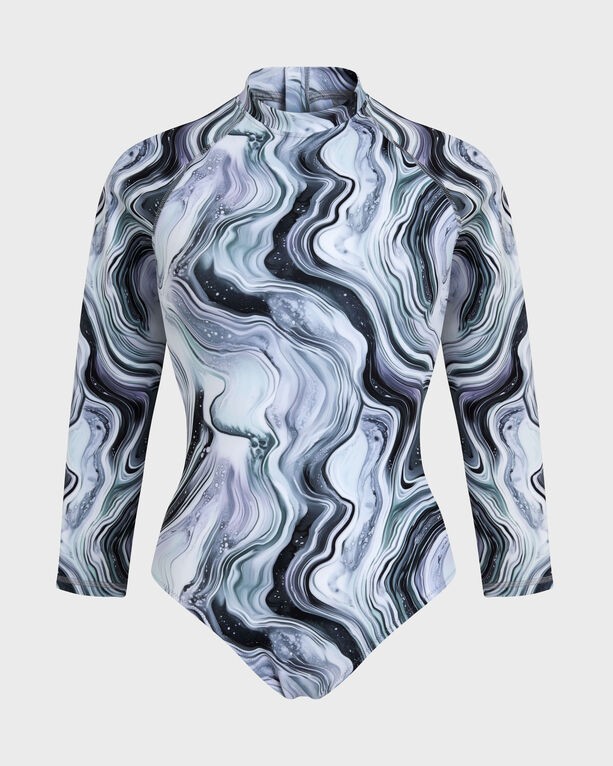White one-piece rashguard featuring a marble pattern in shades of gray, black, and soft green, with long sleeves and a high neckline for UV protection, size L.
